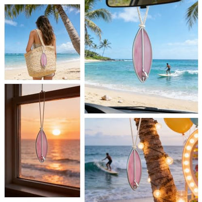 Surfboard Car Decor Charm Beach Rear View Mirror Accessories Stained Glass Car Accessories Ocean Decor Hanging Sun Catcher Surfer for Women Man (Pink)