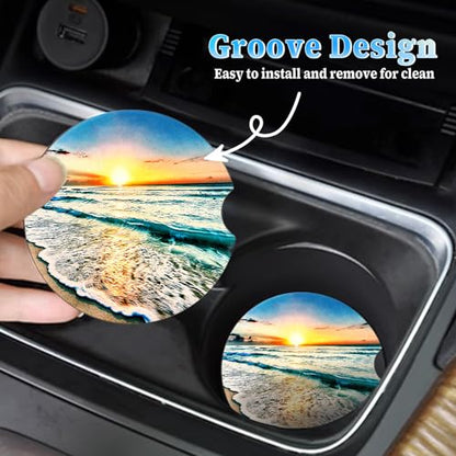 Jeffdad Car Cup Holder Coasters, 2 Pack Absorbent Ceramic Coaster 2.56" Universal Ceramic Stone & Non-Scratch Cork Base Coasters Auto Accessories for Women & Men(Sunset)