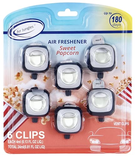 Air Jungles Sweet Popcorn Scent Car Air Freshener Vent Clip, 6 Count Long Lasting Up to 180 days, Natural Essential Oil Car Fragrance for Women and Men, Odor Eliminator - 4ml Each - color: Sweet Popcorn, size: 6 Count (Pack of 1)