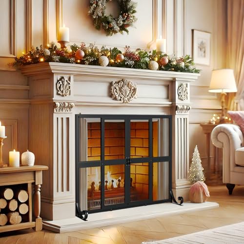 Fireplace Screen with Sliding Doors, 37.8" W x 30.7" H Handcrafted Wrought Iron Fire Spark Guard Fire Place Gate Protector for Living Room, Children and Pet Safety(Large)