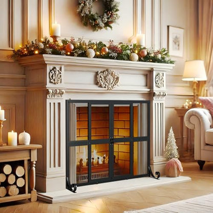 Fireplace Screen with Sliding Doors, 37.8" W x 30.7" H Handcrafted Wrought Iron Fire Spark Guard Fire Place Gate Protector for Living Room, Children and Pet Safety(Large)