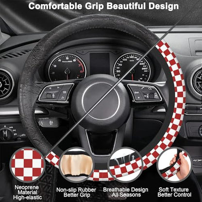 Checkered Steering Wheel Cover,Red White Checkered Universal 15" Elastic Car Steering Wheel Cover with 2 PCS Car Coasters,Anti-Slip Breathable Accessories for Auto,SUVs,Truck - color: Checkered