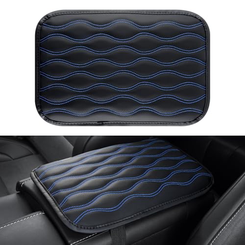 Amiss Car Center Console Cover, Upgraded Leather Car Armrest Cushion, Universal Waterproof Cushion Pad, Non-Slip Car Interior Accessories, Fits Most Sedans SUVs Trucks (Blue Line) - color: blue, size: Without Storage