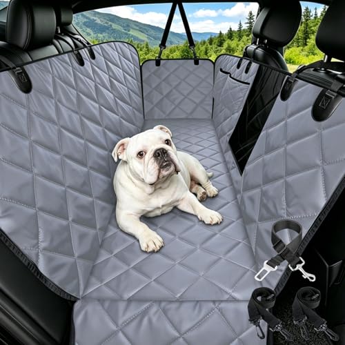Dog Hammock for Car | Mesh Window & Safety Belt | 100% Waterproof Back Seat Pet Cover for Dogs Safe Travel with Side Door Protectors | Non-Slip, Scratchproof Rear Seat Cover for Cars, SUVs, Trucks - color: Gray, size: Standard