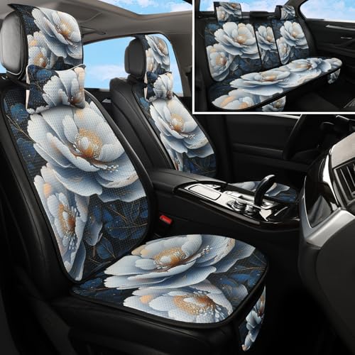 Luxury Boho Car Seat Covers Set,5-Seat Full Set with Headrest,White Peony Vintage Bohemian Floral Pattern Honeycomb Knit Fabric,Breathable&All-Season Universal Automotive Seat Protectors - color: White Peony Floral, size: 5-Seat