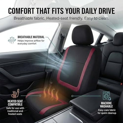 FH Group Car Seat Covers Unique Flat Cloth Full Set Automotive Seat Covers Front Set and Rear Solid Bench Burgundy Black Seat Covers w. Gift Universal Fit Interior Accessories for Cars Trucks and SUVs - color: burgundy