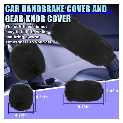 10PCS Fluffy Car Accessories Set, Furry Steering Wheel Cover with Warm Fuzzy Gear Shift Cover Ball Keychain Handbrake Cover Console Seat Belt Shoulder Pads & Diamond Ignition Ring Cup Mats (Black) - color: Black
