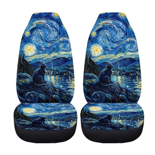 Cat Starry Night Print Car Seat Covers, 2 Pcs Washable Auto Interior Accessories Car Front Seats Protectors, Breathable Automotive Seat Cushion for Most Vehicles - color: Cat Starry Night