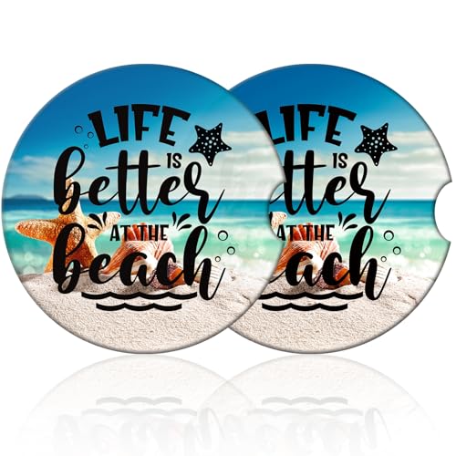 Life is Better at The Beach Car Coasters,for Drinks Absorbent,Car Cup Holder Coaster for Your Car with Fingertip Grip,Removable Cute Auto Accessories,Retro Car Decoration Gifts