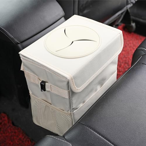 AOKJOY Car Garbage can with lid Leak Proof Vehicle Trash Can 3 Storage Pockets Hanging Waterproof car Trash Bag for SUV Beige - color: beige