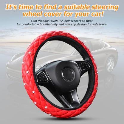 HZEL Bling Elastic Car Steering Wheel Covers, Leather Anti Slip Vehicle Steering Wheel Protector with Crystal Rhinestones, Diamond Auto Interior Decor Accessories, Universal Fit (Red)