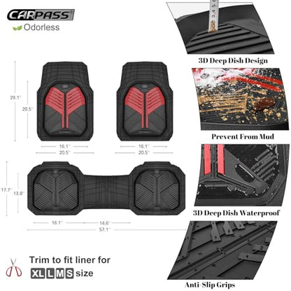 CAR PASS Heavy Duty Rubber Car Mats, Deep-Dish Car Floor Mats All Weather, Universal Two-Tone Trim-to-Fit for SUVs Trucks Sedans, Waterproof Anti-Slip, 3 Pieces V12 Black and Metallic Red - color: Red and Black