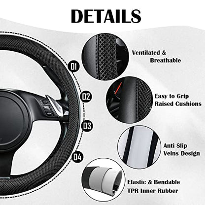 CAR PASS 3D Air Mesh Car Seat Covers Full Sets w/5mm Sponge, 4Pcs Waterproof Car Floor Mats, Steering Wheel Cover Universal Fit for SUV Sedan Truck, Airbag Compatible Automotive Interior(Black)