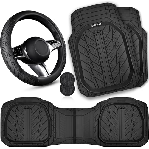 CAR PASS Leather Rubber Steering Wheel Cover 14 1/2” -15”,Tire Tread Pattern Design,Non-Slip Wear-Resistant, Heavy Duty Deep-Dish Car Floor Mats, Trim-to-Fit Car Mat,Fit for Steering Wheel Black - color: All Black Combo Set 38