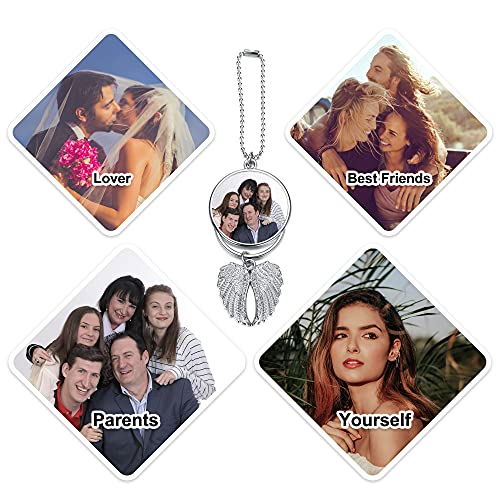 Custom Photo Rearview Mirror Car Charm Double Side Picture Engraving Car Hanging Ornament Angel Wing Car Charm Gift for Men Women - color: Silver-1 Pc