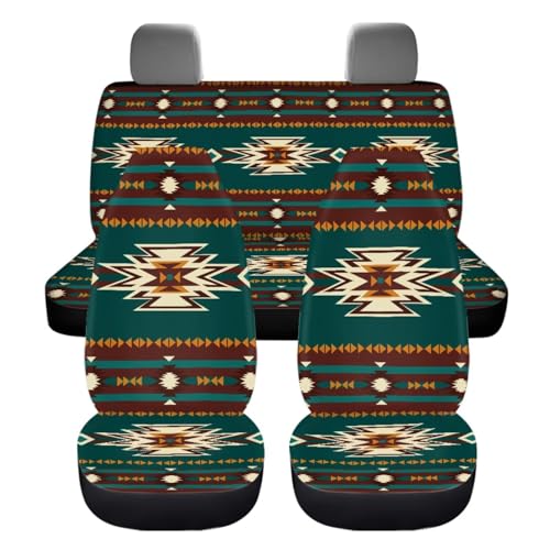 Dreaweet Navajo Seat Covers for Cars Trucks SUV,Green Southwestern Native American Seat Covers with Steering Wheel Cover,Seatbelt Cover,Armrest Pad,Cup Holder,Gear Shift Knob Handbrake Cover,Set of 12 - color: Navajo Green