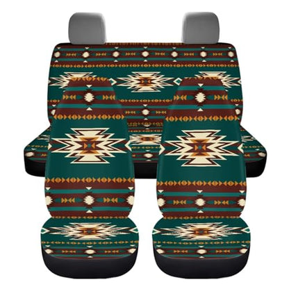 Dreaweet Navajo Seat Covers for Cars Trucks SUV,Green Southwestern Native American Seat Covers with Steering Wheel Cover,Seatbelt Cover,Armrest Pad,Cup Holder,Gear Shift Knob Handbrake Cover,Set of 12 - color: Navajo Green