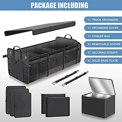 Car Trunk Organizer with Lid & Removable Leakproof Cooler Bag，Foldable Cover,Large Trunk Organizers,Multi-Compartment Collapsible Cargo Storage Organizer for SUV,Van,Truck,Sedan(3 Compartments,Black) - size: Three Compartment