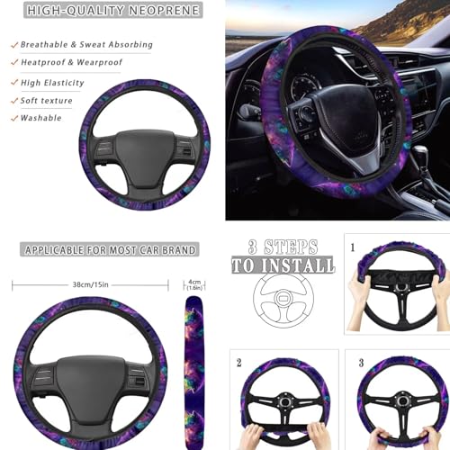 Wolf Rose Moon Print Violet 15 Pcs Car Seat Cover Set, Full Set Car Accessories, Front Rear Seat Covers Steering Wheel Cover Seat Belt Covers Car Coaster - color: Wolf Rose Moon Print Violet