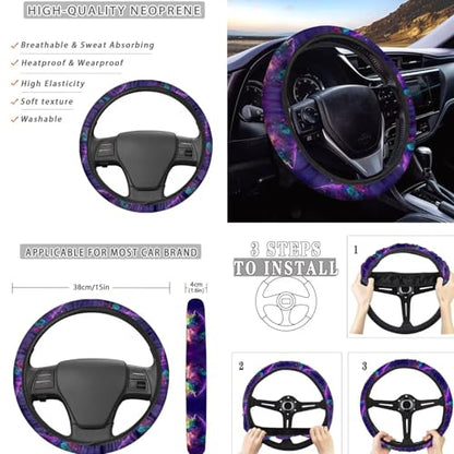 Wolf Rose Moon Print Violet 15 Pcs Car Seat Cover Set, Full Set Car Accessories, Front Rear Seat Covers Steering Wheel Cover Seat Belt Covers Car Coaster - color: Wolf Rose Moon Print Violet