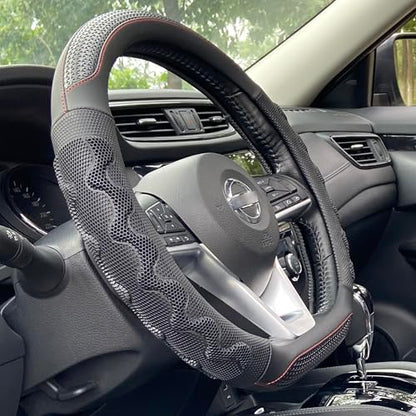 D Shaped 14.5-15 Inch Steering Wheel Cover Great Grip with 3D Honeycomb Anti-Slip Design, Flat Bottom 14.5-15 Inch (Black/Red Stitch)