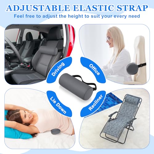 2 Pcs Lumbar Roll Support Pillow Low Back Lumbar Support Office Seat Cushion with Adjustable Strap and Washable Cover for Travel Gaming Chair Car Seat Pain Relief(Grey) - color: Grey