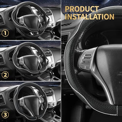 Leather Car Steering Wheel Cover,Anti-Slip, Safety,Soft,Breathable,Heavy Duty,Thick,Full Surround, Sports Style,Universal Car Accessories for Women Men Fit 14" 1/2-15"(Black with White line) - color: Black White Line