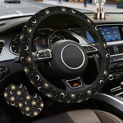 Sun Moon Steering Wheel Cover for Women Girly,Stars and Clouds 15 Inch Non-Slip Breathable Neoprene Steering Wheel Cover Fit Auto,SUVs,Includes 2 PCS Cup Coasters - color: Sun Moon