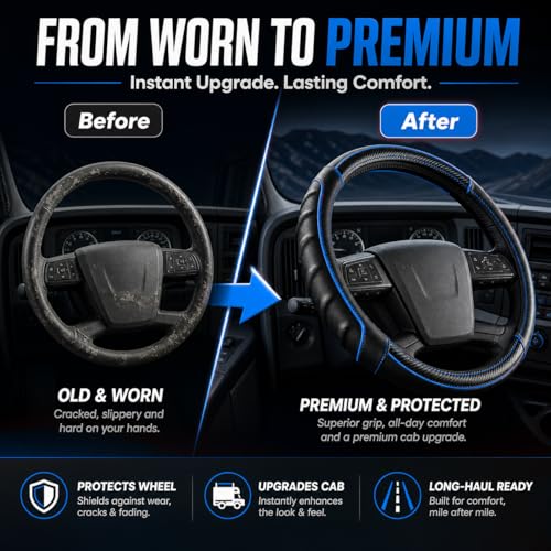 18 Inch Semi Truck Steering Wheel Cover for Freightliner Cascadia, Kenworth T680 T880, Peterbilt 579, Volvo VNL - Anti-Slip Carbon Fiber Grip - Carbon Blue - color: Black Blue