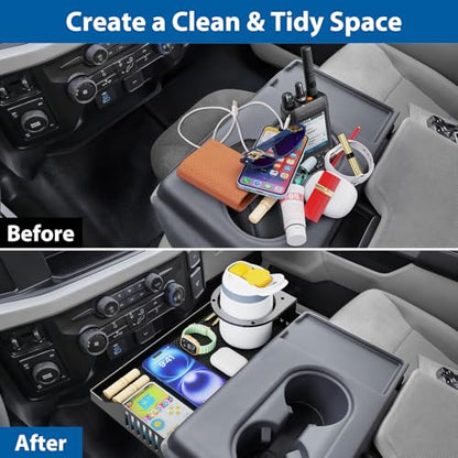 All Metal Front Center Seat Headrest Organizer Compatible with 2011-2025 2026 Ford F150 F250 F350 F450 F550 F650 Accessories, Compartment Tray Container Storage Box with Cup Holder(Jump Seat Only) - style: Organizer with Cup Holder