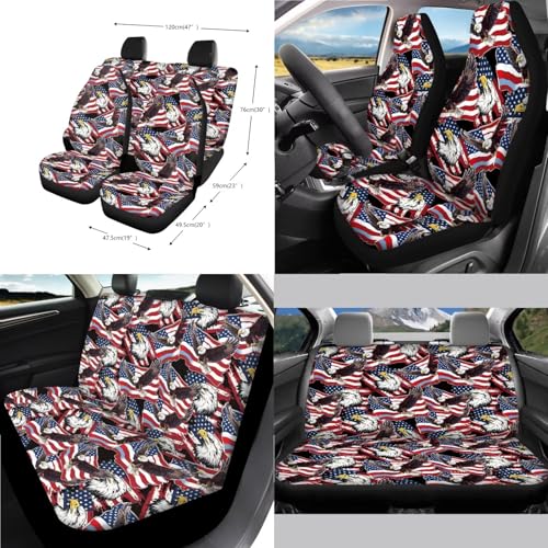 Wanyint Car Seat Cover Set for 4th of July, with Steering Wheel Seat Belt Strap Rearview Mirror Handbrake Gear Shift Knob Cover Rubbish Bin Armrest Pad Coasters, 14 PCS, American Flag Eagle Print - color: American Flag Eagle Print
