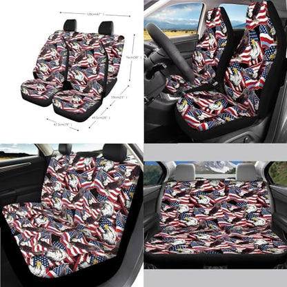 Wanyint Car Seat Cover Set for 4th of July, with Steering Wheel Seat Belt Strap Rearview Mirror Handbrake Gear Shift Knob Cover Rubbish Bin Armrest Pad Coasters, 14 PCS, American Flag Eagle Print - color: American Flag Eagle Print