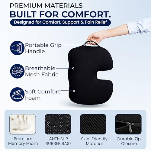 Premium Orthopedic Memory Foam Seat Cushion for Office Chair & Car Seat .Ergonomic U-Shape Coccyx Pillow for Tailbone & Sciatica Pain Relief Lower Back Problems and Long Sitting Comfort. (Black)