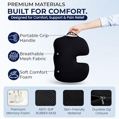 Premium Orthopedic Memory Foam Seat Cushion for Office Chair & Car Seat .Ergonomic U-Shape Coccyx Pillow for Tailbone & Sciatica Pain Relief Lower Back Problems and Long Sitting Comfort. (Black)