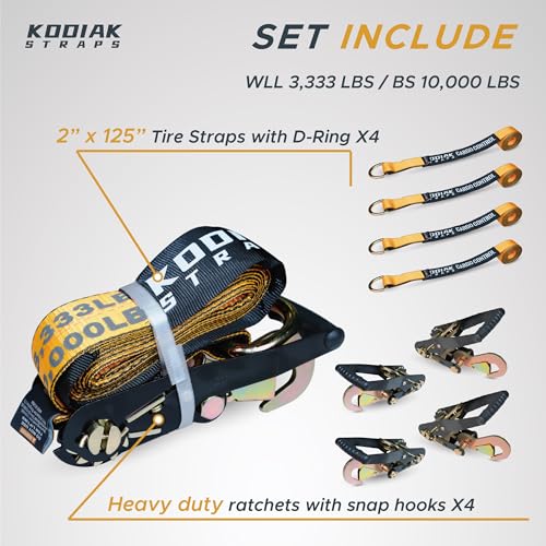 Adjustable Vehicle Tire Tie Down Straps Kit– 4pk Heavy Duty Tire Straps with Snap Hooks 10,000 lbs. Working Load 3333 lbs. Lasso 4 x Tow Strap Kit for Car, Truck, ATV Towing Accessories