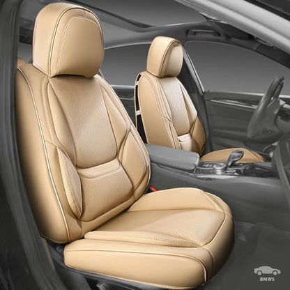 CAR PASS Nappa Leather Car Seat Covers 5 Seat, Luxury Lumbar Support, Waterproof Breathable Durable All Coverage Leatherette Seat Covers for SUVs,Pickups,Trucks,Vehicles (Full Set Solid Beige) - color: Beige