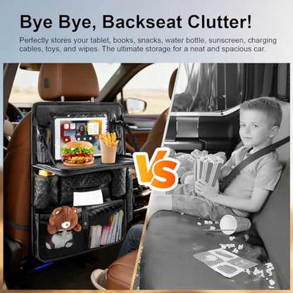 Car Seat Organizer with Foldable Table Tray - 11 Storage Pockets PU Leather Backseat Organizer with Tablet Holder, Seat Back Protector Kick Mat for Kids Family Road Trip Accessories (Black)