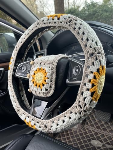 Handmade Crochet Sun Moon Car Steering Wheel Covers Universal 14-15 inch,Cute Steering Wheel Cover,Car Accessories (Wheel Cover+2belt Cover+2Coaster+Hanging) - color: wheel cover+2belt cover+2Coaster+hanging