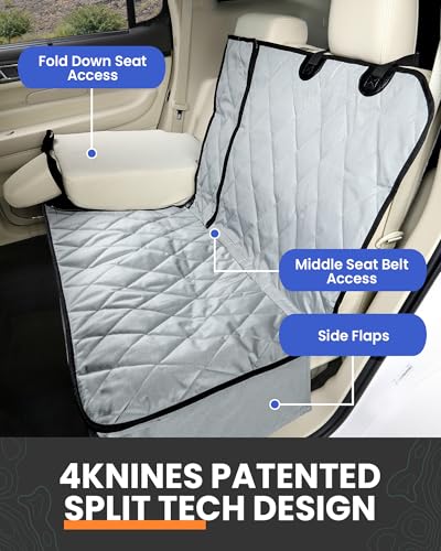4Knines Dog Seat Cover for Back Seat, Heavy Duty Waterproof Rear Seat Protector for Small Trucks, SUV, Cars - Fits 60/40 Split Bench with Middle Seat Belt, Non-Slip Dog Backseat Cover (Regular, Black)