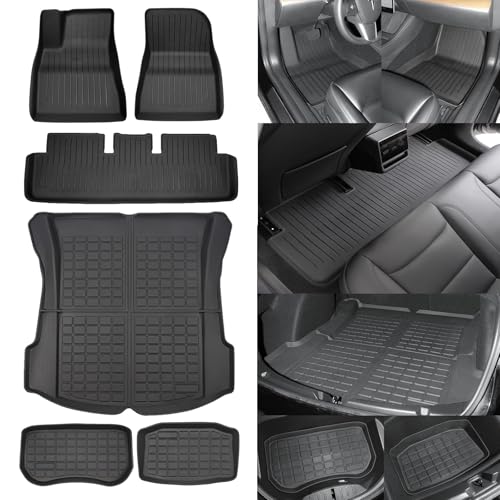 SUPER LINER Tesla Model 3 Floor Mats 2021 2022 2023 All-Weather Floor Mats Set (6 Pieces) | Custom Fit, Pet & Child-Friendly | Tesla Model 3 Cargo Liner Rear Cargo Tray Trunk Interior Accessories