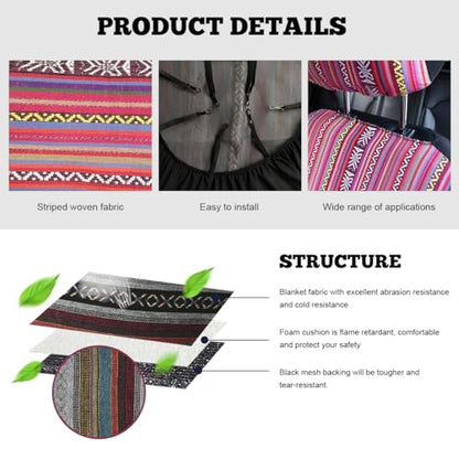 4PCS Baja Saddle Blanket Car Seat Covers, Front Set Breathable Washable Seat Covers with Seatbelt Pad, Striped Woven Cloth Airbag Compatible Seats Protector for Most Vehicles (Pink) - color: Pink, 4PCS