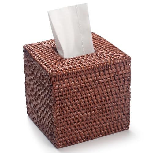 2 Pack Square Rattan Tissue Box Cover, Hand Woven Wicker Tissue Holder, 5.5 x 5.5 X 5.7 inches, Brown - color: Honey Brown, size: Square (5.7"H) (Set of 2)
