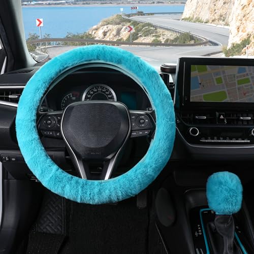 SEG Direct Furry Car Steering Wheel Cover with Gear Shift Cover, Soft and Warm, Cute Fluffy Auto Decor for Women Men, Standard Size, 2 PCS Set, Cyan - color: Cyan