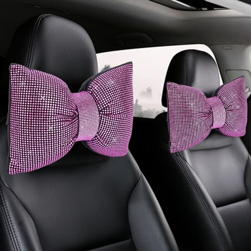 2 PCS Bling Car Pillows,Rhinestones Bowknot Car Headrest Pillow,Car Neck Pillow for Driver Relax Necksupport,Sleeping Travel Support Neck Pillow,Shiny Diamond Interior Accessories for Women,Pink - color: Pink, size: 2pcs