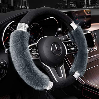 Achiou Rhinestone Fluffy Steering Wheel Cover - Comfortable Non-Slip Luxury Faux Wool, Universal Fit for 14.5" to 15" Steering Wheels - color: Black and Gray