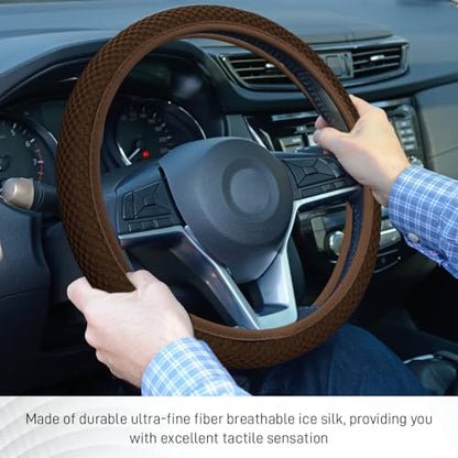 Elastic Stretch Steering Wheel Cover, Steering Wheel Protector, 15 Inch Anti-Slip Breathable Microfiber Ice Silk Protection, Easy Carry, Warm in Winter & Cool in Summer for Cars (Brown) - color: Brown