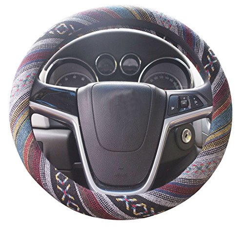 Small Ethnic Style Coarse Flax Cloth Automotive Steering Wheel Cover Anti Slip and Sweat Absorption Auto Car Wrap Cover (14''-14.25, E) - color: E, size: 14 - 14.25 inches