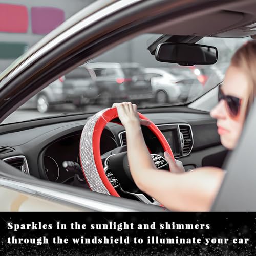 Diamond Leather Steering Wheel Cover, 15 Inch Bling Crystal Rhinestone Anti-Slip Wheel Protector, Universal Sparkling Elegant Diamond Steering Wheels Cover for Women Girl (White&Red) - color: White&Red