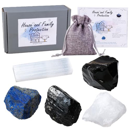 Apengshi Protection Crystal Stone Set for House and Family Protection Set of 5 Pieces Stone Black Tourmaline Clear Quartz Lapis Lazuli Obsidian and Selenite Healing Crystal Stones - color: House and Family Protection