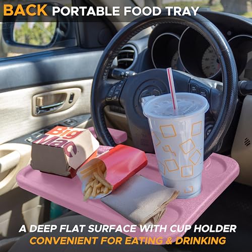 EcoNour 2 in 1 Car Steering Wheel Desk | Steering Wheel Tray for Laptop and Food | Pink Table Tray for Eating with Drinks Holder | Car Accessories - size: Medium-Pink